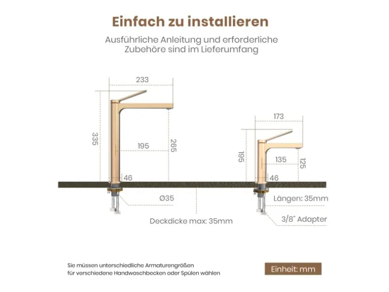 Emke Wasserhahn Waschbeckenarmaturen 195 x 173 x 46 mm Rosengold Mischbatterie Küchenarmatur mit Luftsprudler
