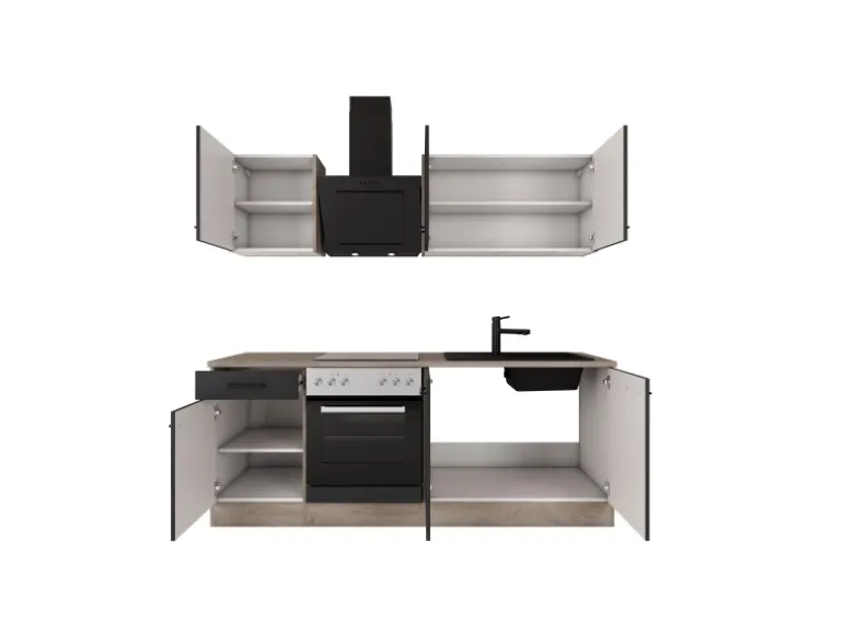 Flex-Well Exclusiv Küche 1601-005sWs Capri 210 cm Schwarz Matt-Endgrain Oak