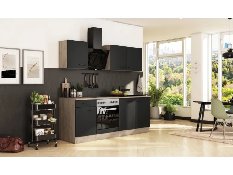 Flex-Well Exclusiv Küche 1601-005sWs Capri 210 cm Schwarz Matt-Endgrain Oak