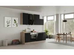 Flex-Well Exclusiv Küchenzeile Capri 220 cm Schwarz Matt-Endgrain Oak
