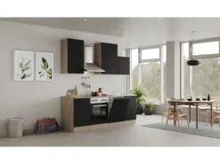 Flex-Well Exclusiv Küchenzeile Capri 220 cm Schwarz Matt-Endgrain Oak