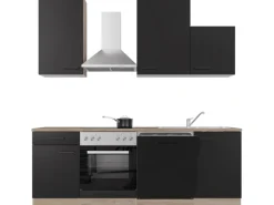 Flex-Well Exclusiv Küchenzeile Capri 220 cm Schwarz Matt-Endgrain Oak