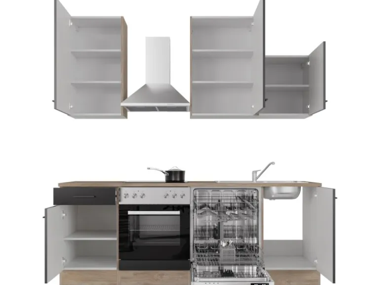 Flex-Well Exclusiv Küchenzeile Capri 220 cm Schwarz Matt-Endgrain Oak
