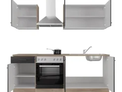 Flex-Well Exclusiv Küchenzeile Capri 210 cm Schwarz Matt-Endgrain Oak