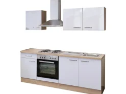 Flex-Well Exclusiv Küchenzeile Valero 210 cm Hochglanz Weiß-Sonoma Eiche