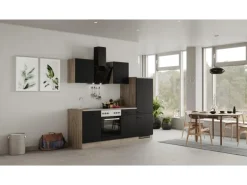 Flex-Well Exclusiv Küchenzeile Capri 220 cm Schwarz Matt-Endgrain Oak