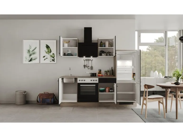 Flex-Well Exclusiv Küchenzeile Capri 220 cm Schwarz Matt-Endgrain Oak