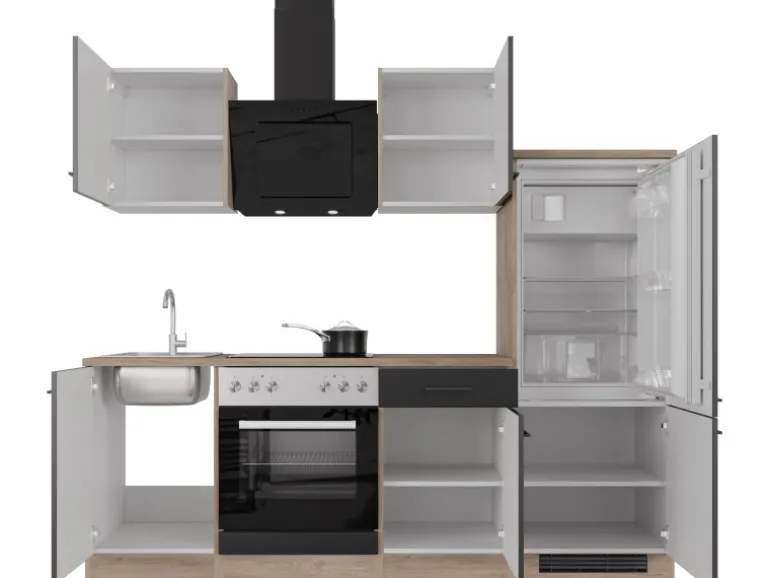 Flex-Well Exclusiv Küchenzeile Capri 220 cm Schwarz Matt-Endgrain Oak