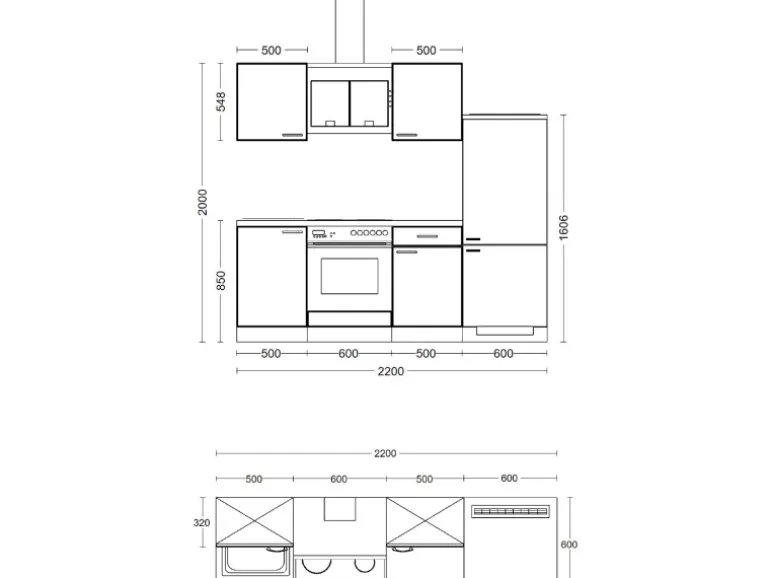 Flex-Well Exclusiv Küchenzeile Capri 220 cm Schwarz Matt-Endgrain Oak