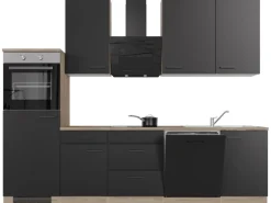 Flex-Well Exclusiv Küchenzeile Capri 280 cm Schwarz Matt-Endgrain Oak