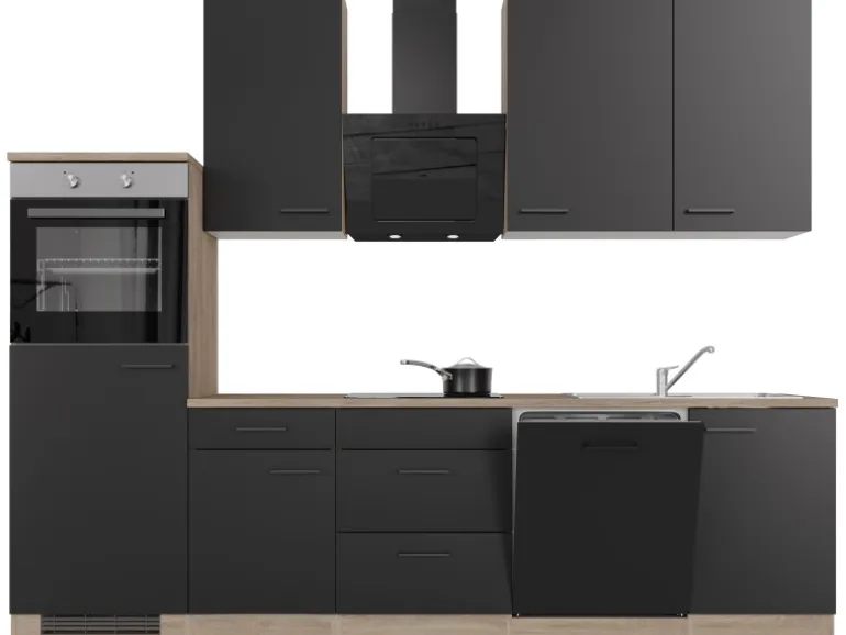 Flex-Well Exclusiv Küchenzeile Capri 280 cm Schwarz Matt-Endgrain Oak