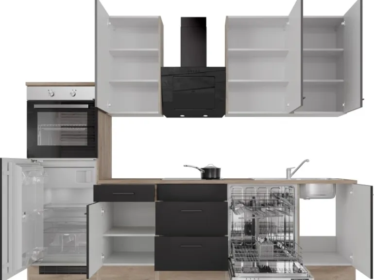 Flex-Well Exclusiv Küchenzeile Capri 280 cm Schwarz Matt-Endgrain Oak