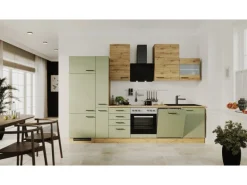 Flex-Well Exclusiv Küchenzeile Cara 310 cm Schilfgrün matt - Artisan Eiche