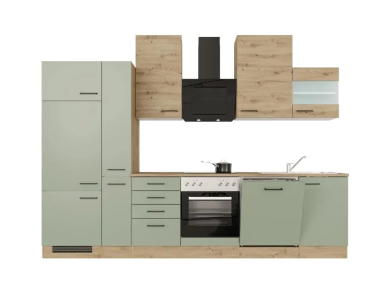 Flex-Well Exclusiv Küchenzeile Cara 310 cm Schilfgrün matt - Artisan Eiche