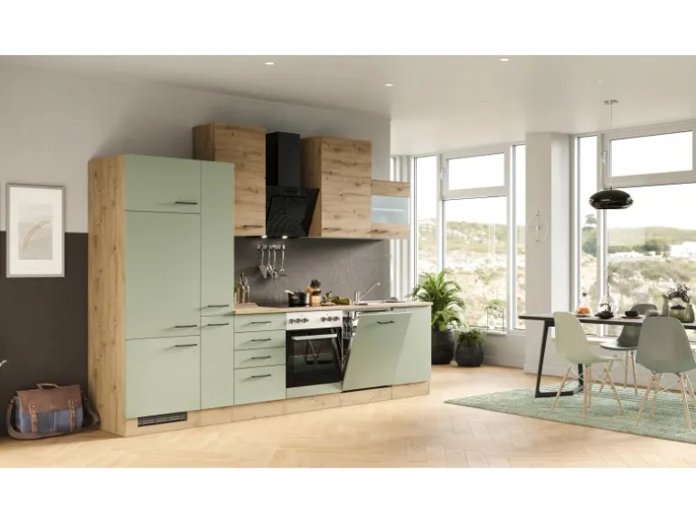 Flex-Well Exclusiv Küchenzeile Cara 310 cm Schilfgrün matt - Artisan Eiche