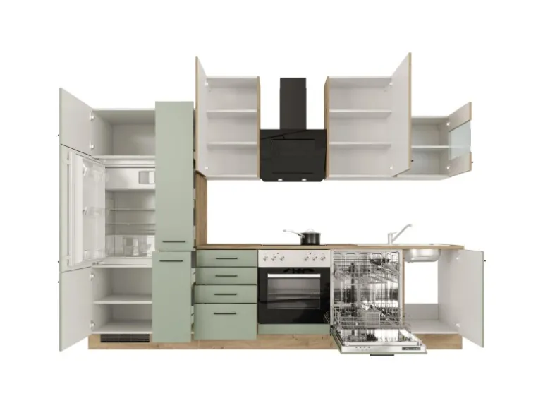 Flex-Well Exclusiv Küchenzeile Cara 310 cm Schilfgrün matt - Artisan Eiche