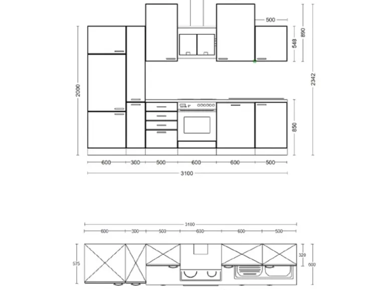 Flex-Well Exclusiv Küchenzeile Cara 310 cm Schilfgrün matt - Artisan Eiche