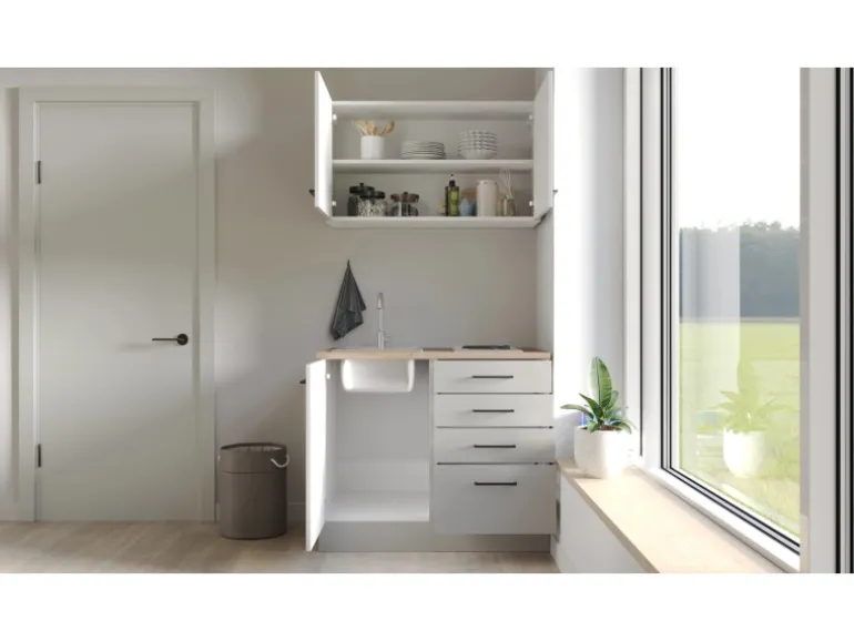Flex-Well Exclusiv Miniküche Lund 100 cm Lichtgrau glänzend-Rauchgrau