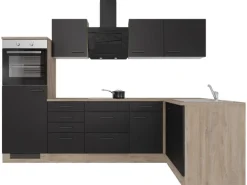 Flex-Well Exclusiv Winkelküche Capri 280 x 170 cm Schwarz Matt-Endgrain Oak