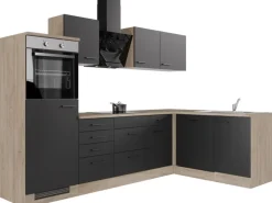 Flex-Well Exclusiv Winkelküche Capri 280 x 170 cm Schwarz Matt-Endgrain Oak