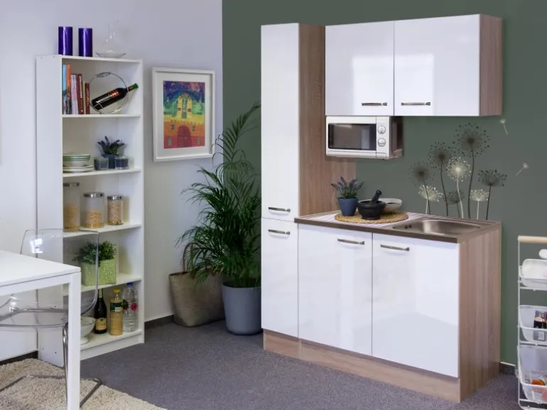 Flex-Well Singleküche 130 cm Valero Hochglanz Weiß-Sonoma Eiche