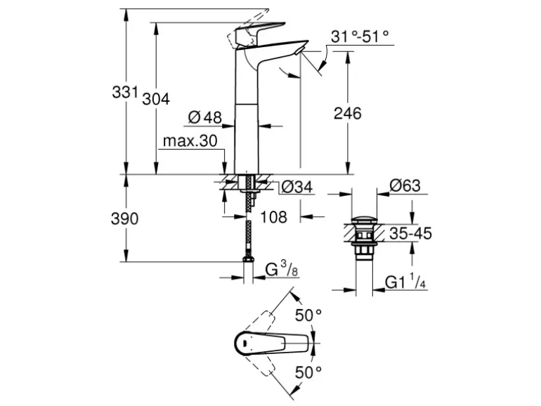 Grohe QuickFix Waschtischarmatur Start Edge XL Push-open Ablaufgarnitur 1 1/4"