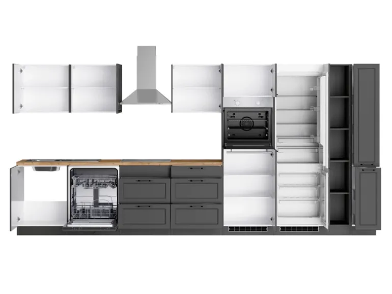 Held Küchen Küchenzeile Kempten 420 cm Grau/Graphit mit E-Geräten Induktion