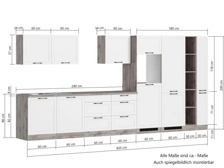 Held Küchen Küchenzeile Kempten 420 cm Grau/Graphit mit E-Geräten Induktion