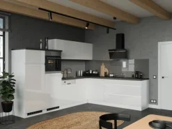 Held Küchen Winkelküche Gera 300 cm Weiß/Beton mit E-Geräten Induktion