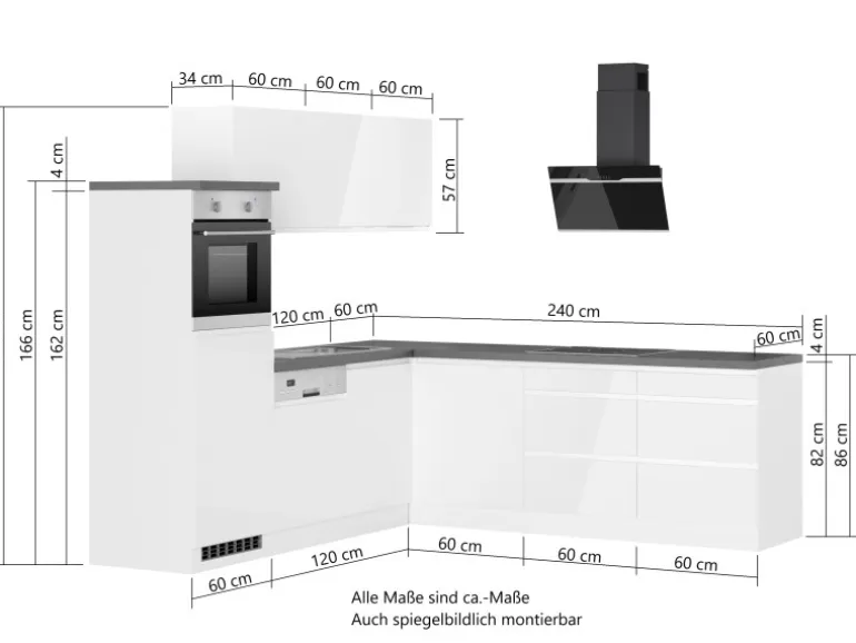 Held Küchen Winkelküche Gera 240 cm Weiß/Beton mit E-Geräten autark
