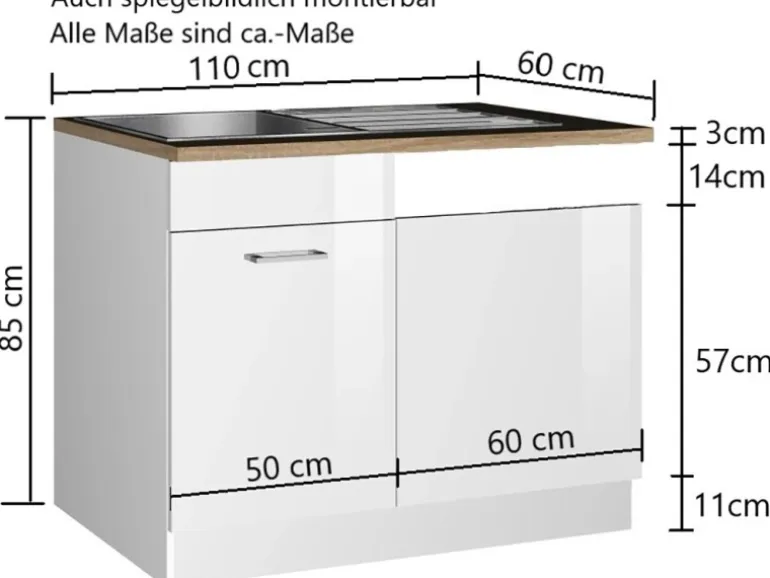 Held Möbel Küchen-Spülenunterschrank Mailand 110 cm Hochglanz Graphit/Graphit