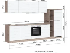 Held Möbel Küchenzeile 330 cm Matt Weiß-Wotaneiche
