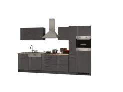 Held Möbel Küchenzeile Mailand 330 cm Grau Hochglanz-Grau Matt mit E-Geräten