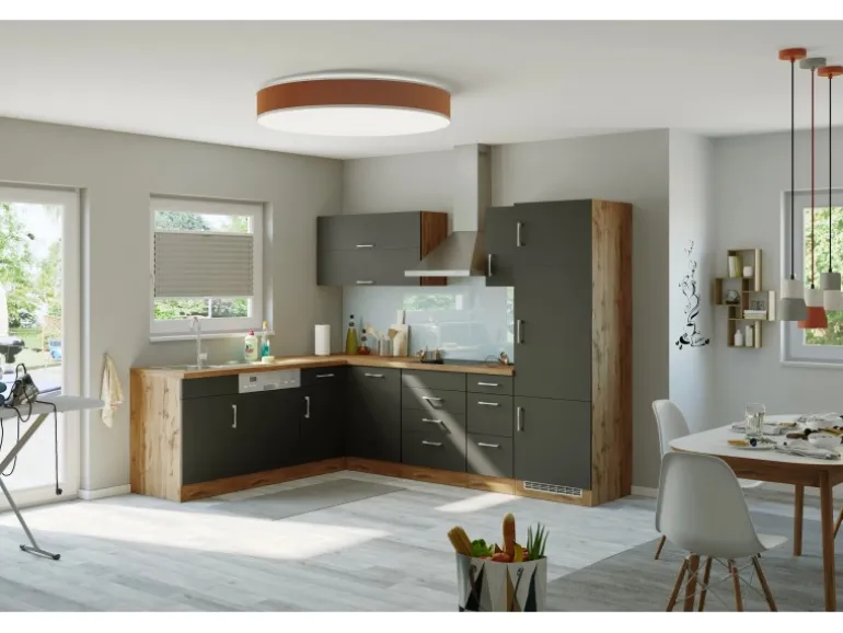 Held Möbel Küchenzeile Sorrento 210/ 270 cm Anthrazit-Wotaneiche Winkel