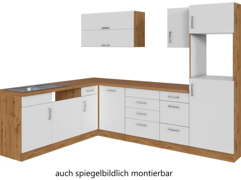 Held Möbel Küchenzeile Sorrento 210/ 270 cm Weiß-Wotaneiche o. E-Geräte Winkel