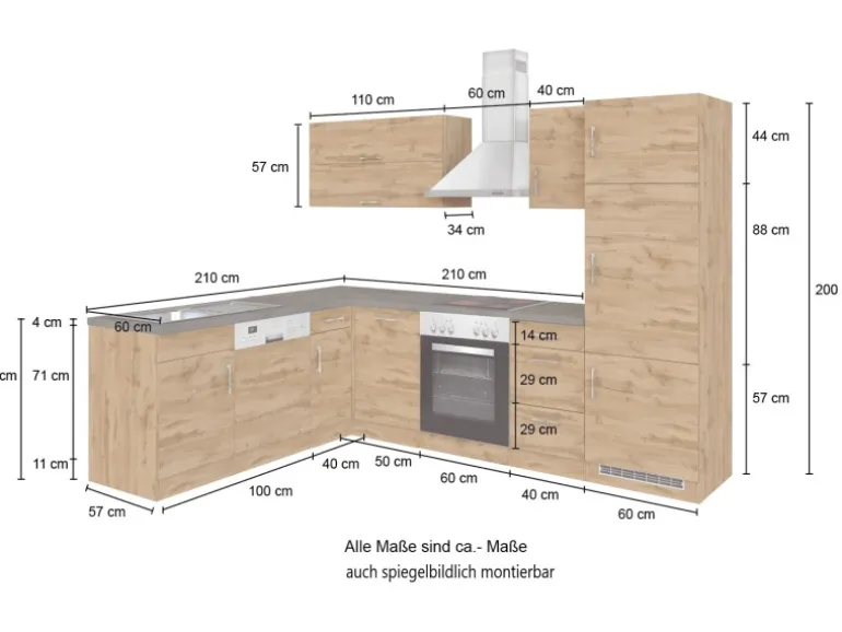 Held Möbel Küchenzeile Sorrento 210/ 270 cm Wotaneiche o. E-Geräte Winkel