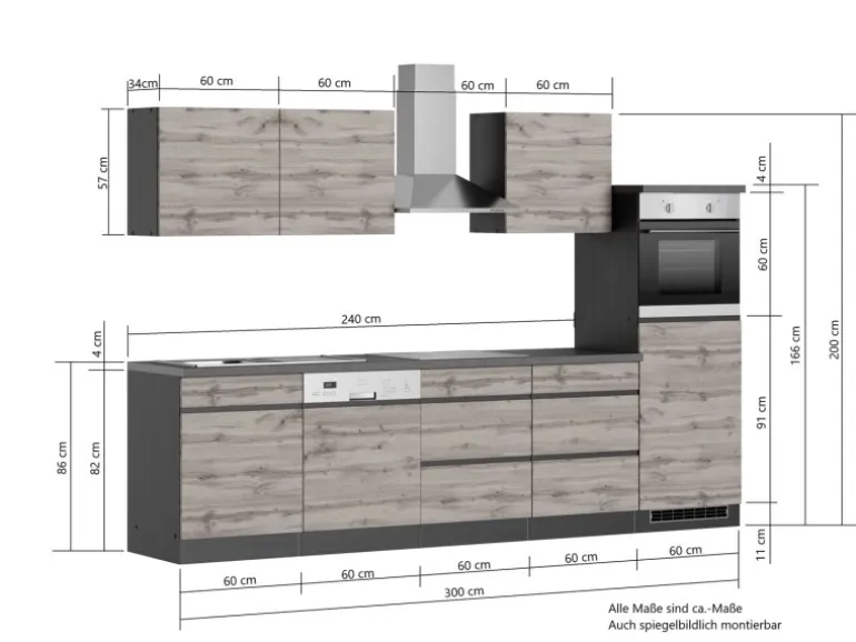 Held Möbel Küchenzeile Turin 300 cm Wotaneiche-Graphit mit E-Geräten