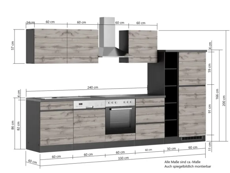 Held Möbel Küchenzeile Turin 330 cm Graphit-Wotaneiche mit E-Geräten