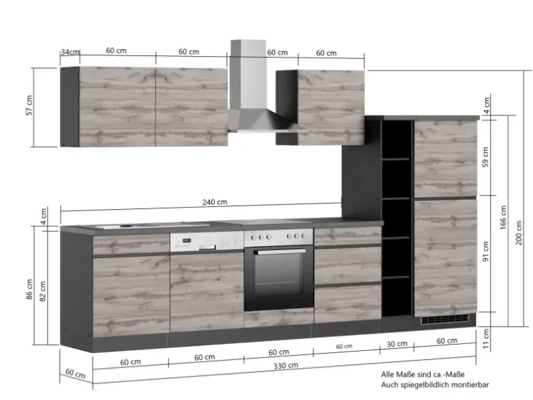 Held Möbel Küchenzeile Turin 330 cm Wotaneiche-Graphit mit E-Geräten