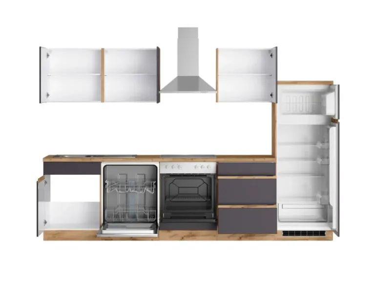 Held Möbel Küchenzeile Turin 300 cm Graphit-Wotaneiche mit E-Geräten