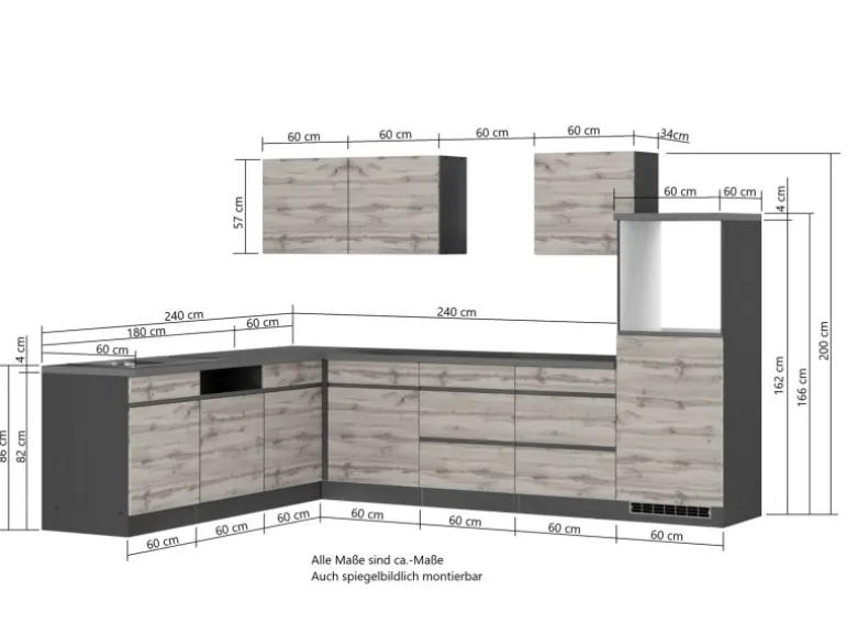 Held Möbel Winkelküche Turin 300 x 240 cm Wotaneiche-Graphit ohne E-Geräte