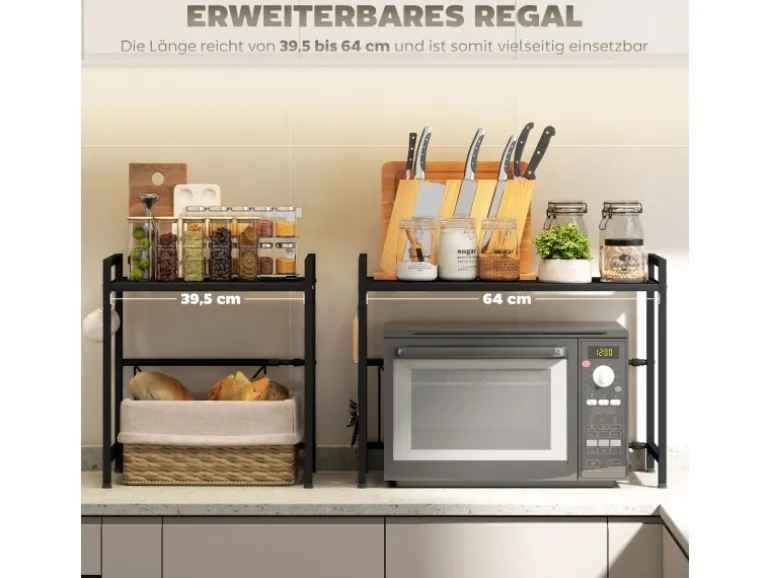 HOMCOM Erweiterbares Mikrowellenregal Mikrowellenständer mit 3 Haken Küchenregal