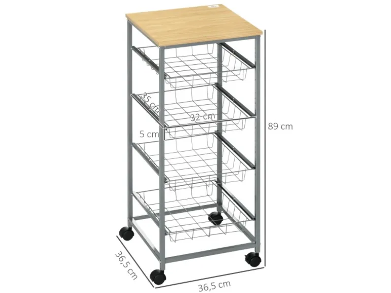 HOMCOM Küchenwagen 4 Ebenen Küchenregal Stahl MDF Silber L36,5 x B36,5 x H89 cm