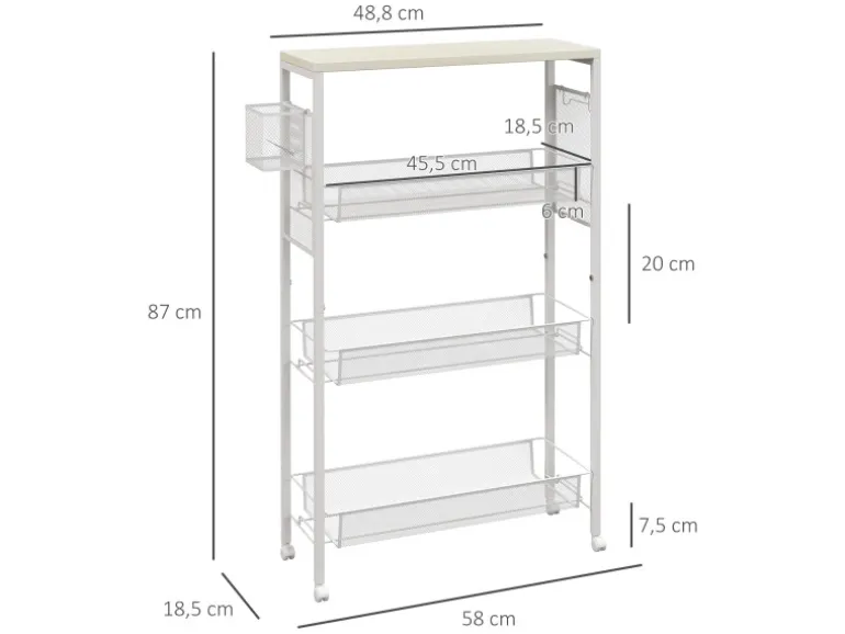 HOMCOM Küchenwagen mit 3 Ebenen Korb Arbeitsplatte Stahl 58 x 18,5 x 87 cm Weiß
