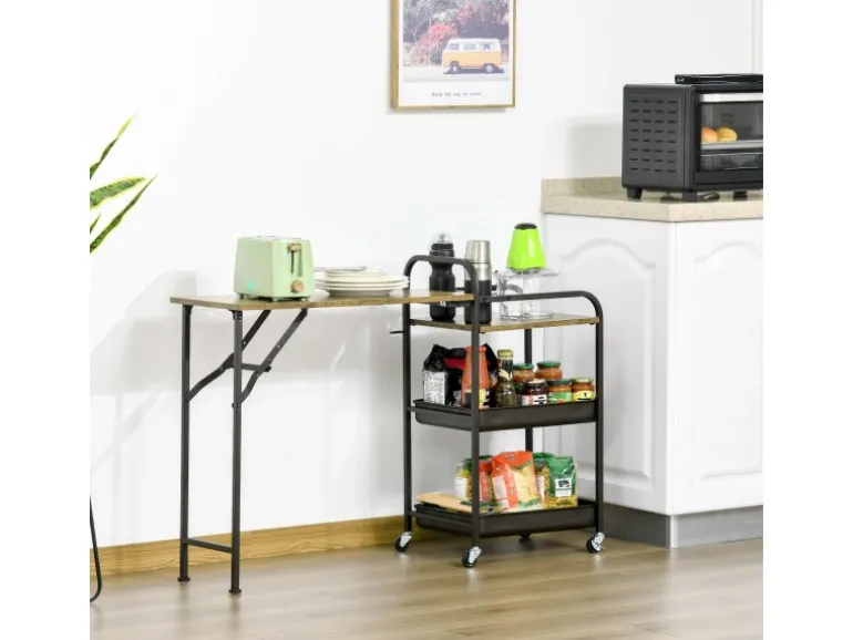HOMCOM Küchenwagen mit Klappbarer Tischplatte Rustikal-Braun 118 x 36,5 x 82cm