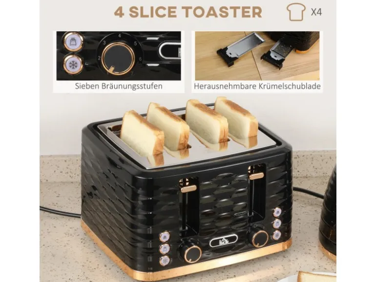 HOMCOM Kocher-Toaster-Set Kunststoff Stahl 24,1L x 19,5B x 23,2H cm Schwarz
