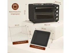 HOMCOM Minibackofen Edelstahl Hartglas Schwarz 48,6L x 36,3B x 33H cm