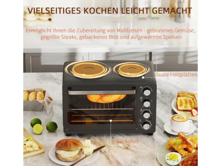 HOMCOM Minibackofen Edelstahl Hartglas Schwarz 48,6L x 36,3B x 33H cm