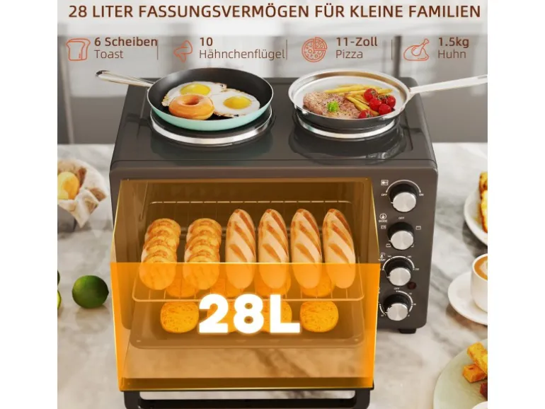 HOMCOM Minibackofen Edelstahl Hartglas Schwarz 48,6L x 36,3B x 33H cm