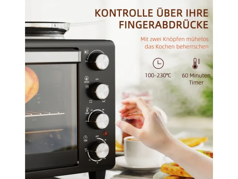 HOMCOM Minibackofen Edelstahl Hartglas Schwarz 48,6L x 36,3B x 33H cm